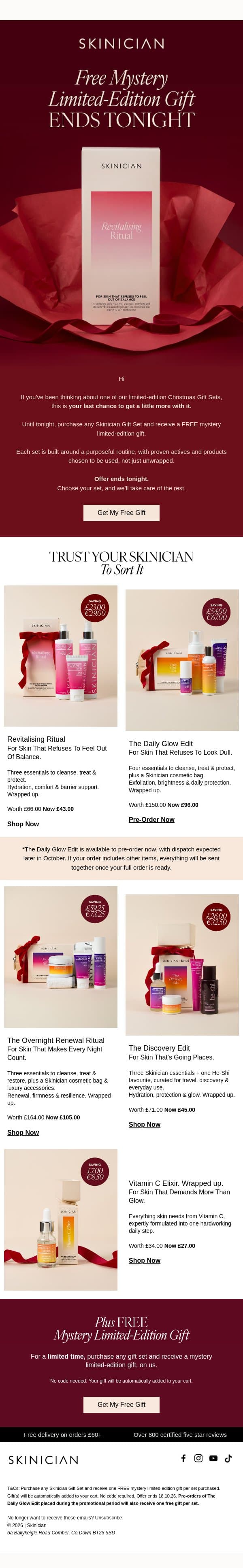 Ends Tonight: FREE Mystery Gift ✨ email from Skinician screenshot