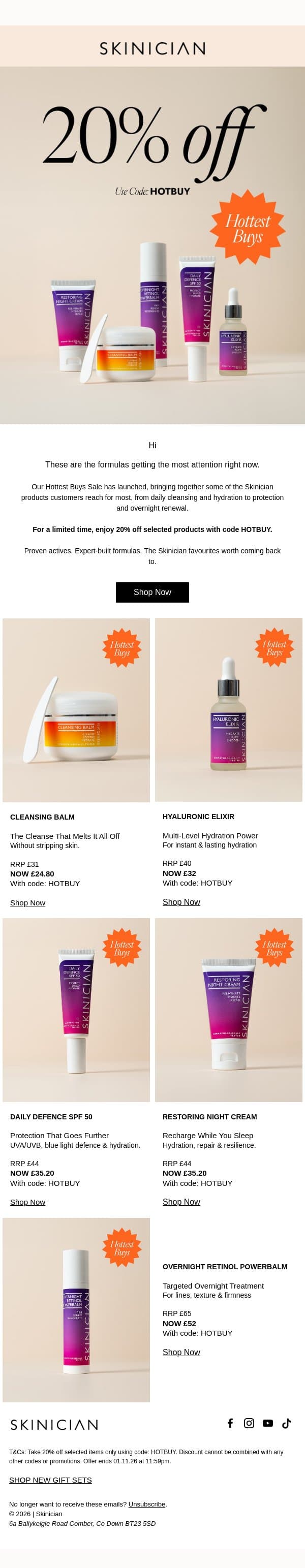 Shop Now: 20% off Hottest Buys π₯ email from Skinician screenshot