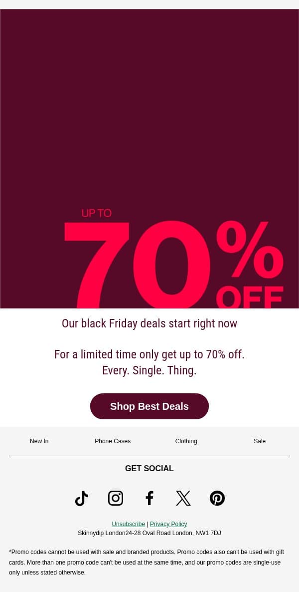 Up To 70% Off EVERYTHING email from Skinnydip London screenshot