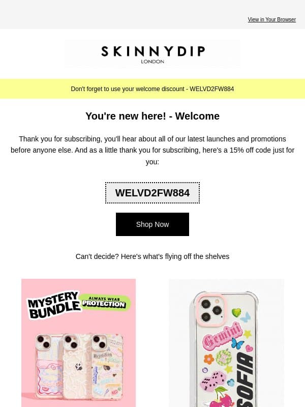 You're new here email from Skinnydip London
