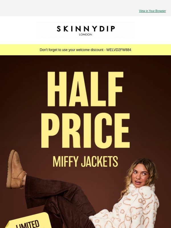 Half Price Miffy Fleeces email from Skinnydip London