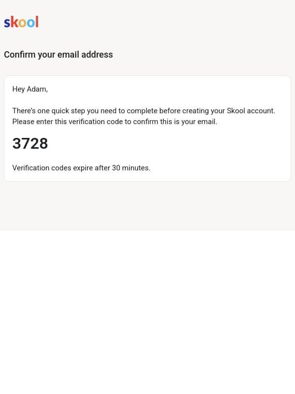 3728 is your Skool verification code email from Skool screenshot