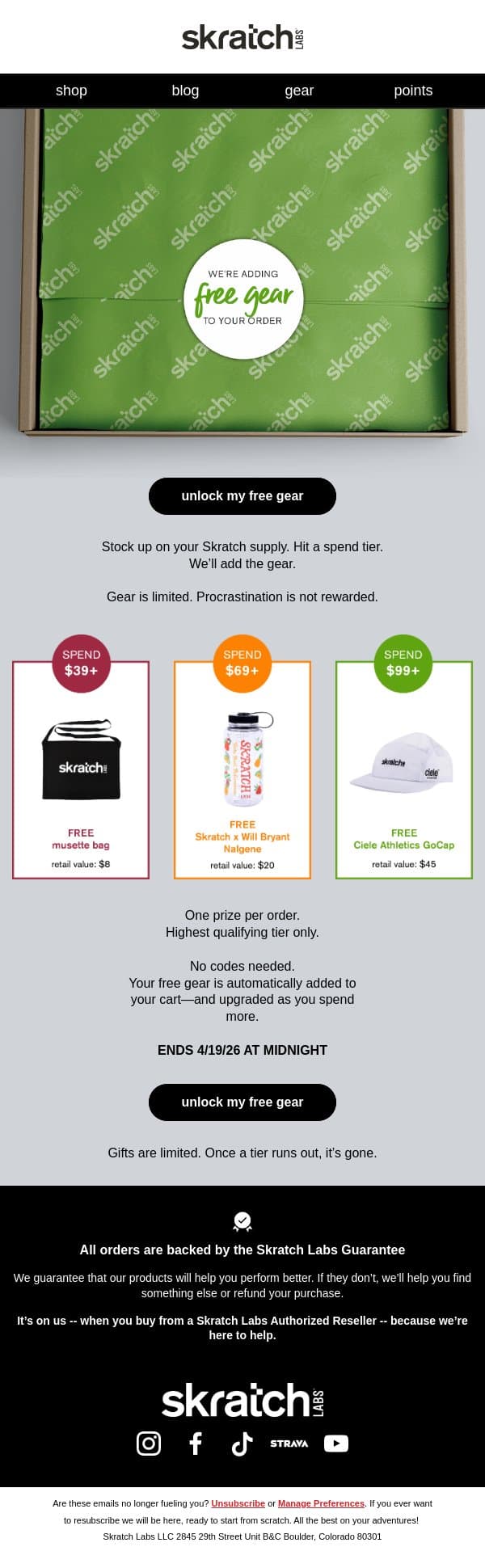 Spend $39+, get free Skratch gear email from Skratch Labs screenshot