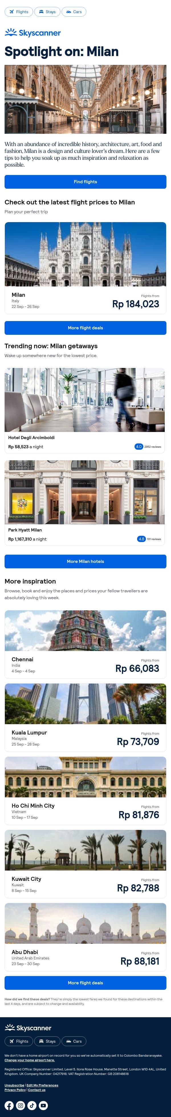 Spotlight on: Milan email from Skyscanner screenshot