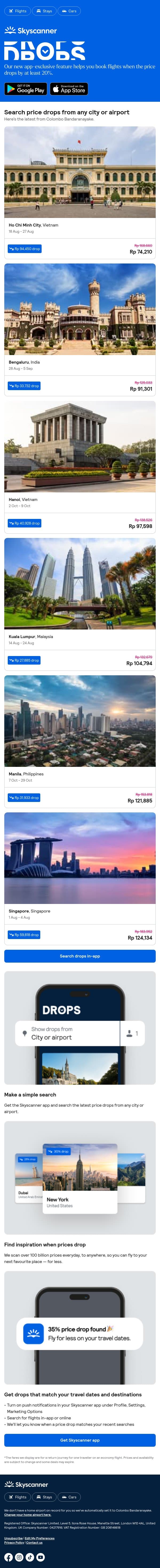 Your weekly price drops, from Rp 74,210 โ๏ธ ๐ email from Skyscanner screenshot