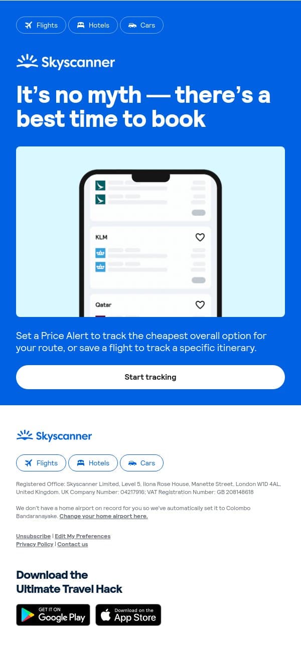 A better chance to save on flights email from Skyscanner screenshot