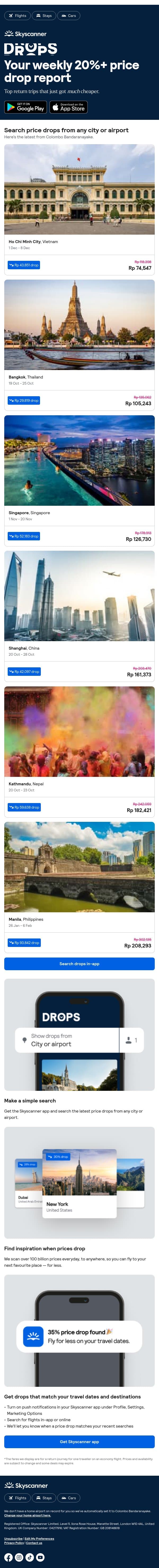 Your weekly price drops, from Rp 74,547 ✈️ 📉 email from Skyscanner screenshot