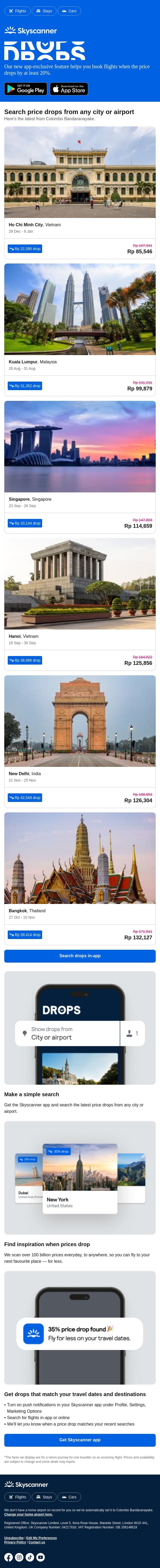 Your weekly price drops, from Rp 85,546 ✈️ 📉 email from Skyscanner screenshot