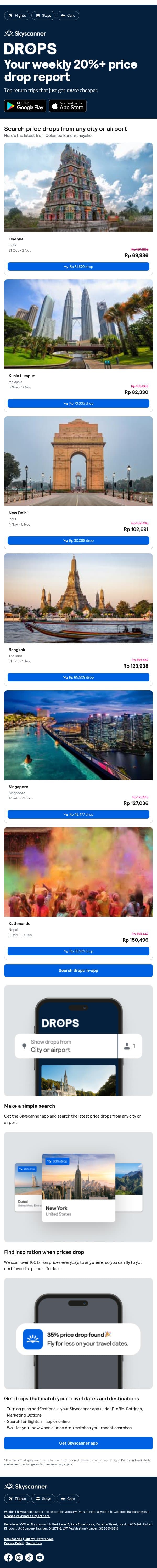 Your weekly price drops, from Rp 69,936 ✈️ 📉 email from Skyscanner screenshot
