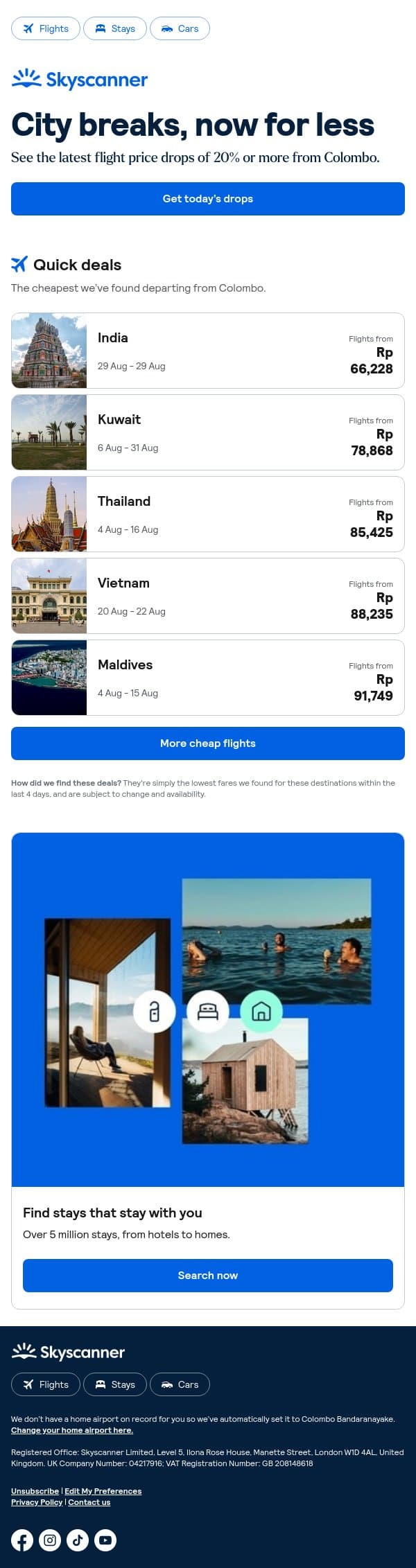 That city trip just got cheaper by 20% or more ๐ email from Skyscanner screenshot