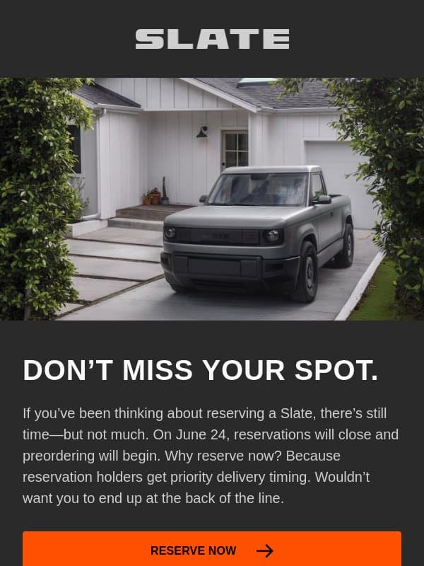 Preorder a Slate starting June 24. email from Slate Auto