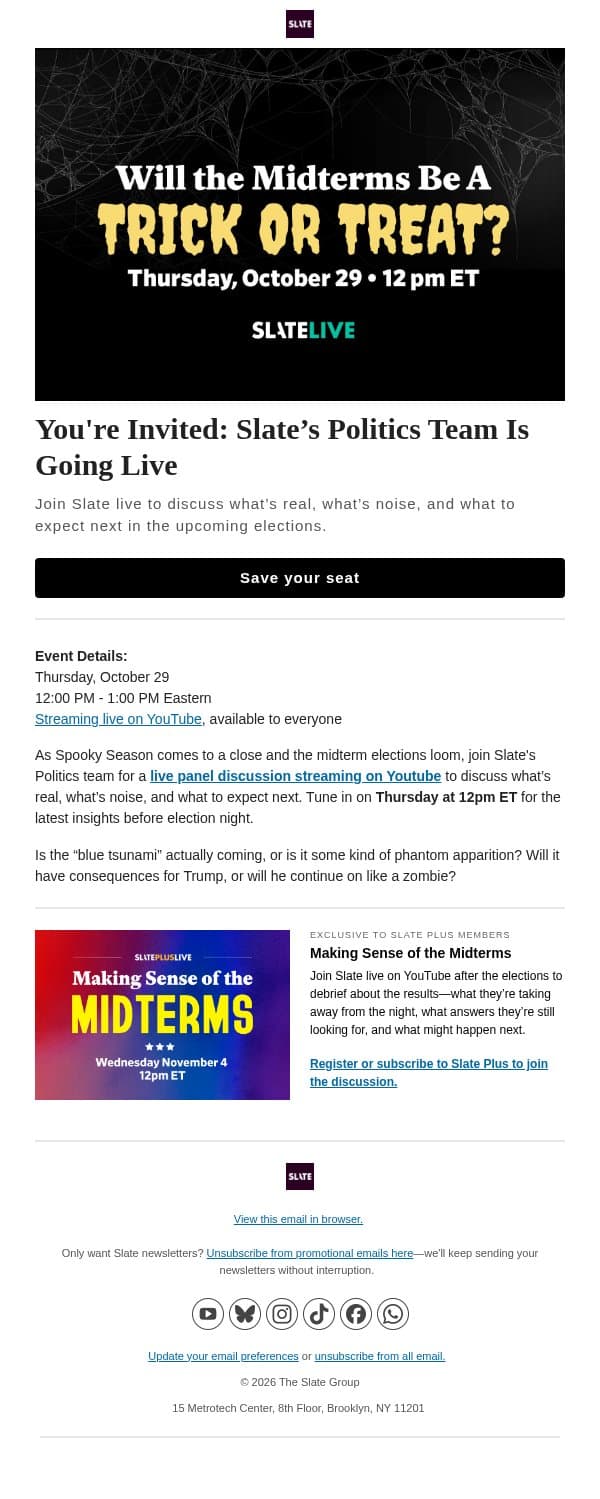 We're live ahead of the midterms email from Slate screenshot