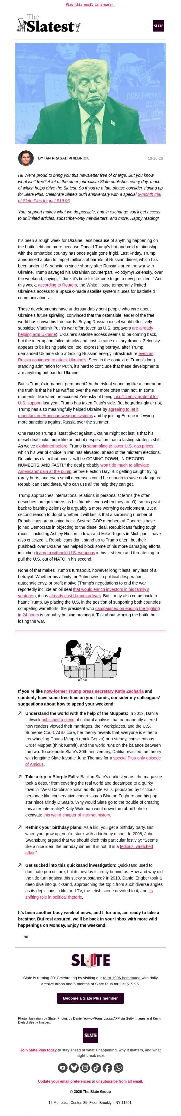 Trump sides with Putin, again email from Slate screenshot