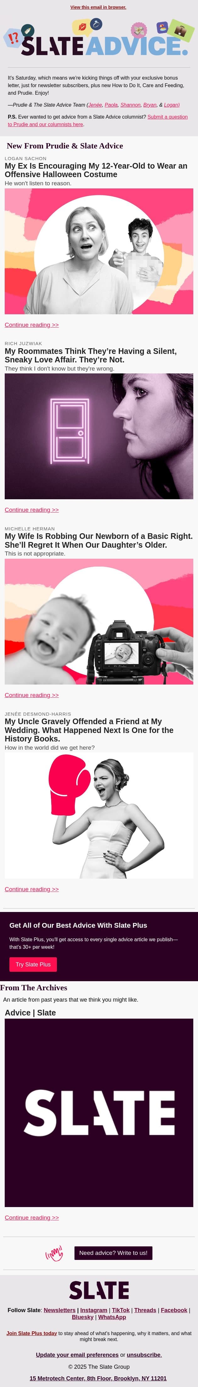 My Ex Is Encouraging My 12-Year-Old to Wear an Offensive Halloween Costume email from Slate screenshot
