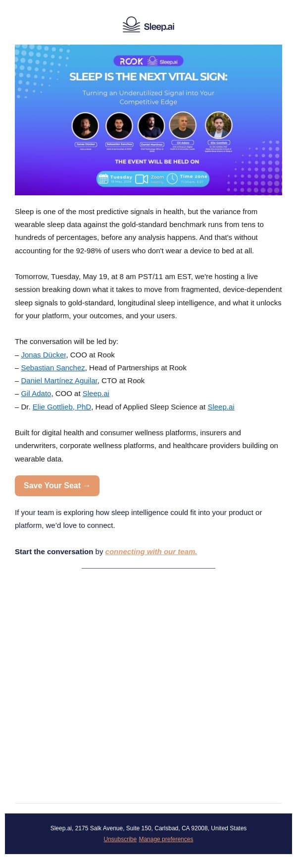 Sleep.ai + Rook tomorrow: the full-coverage sleep data playbook email from SleepScore screenshot