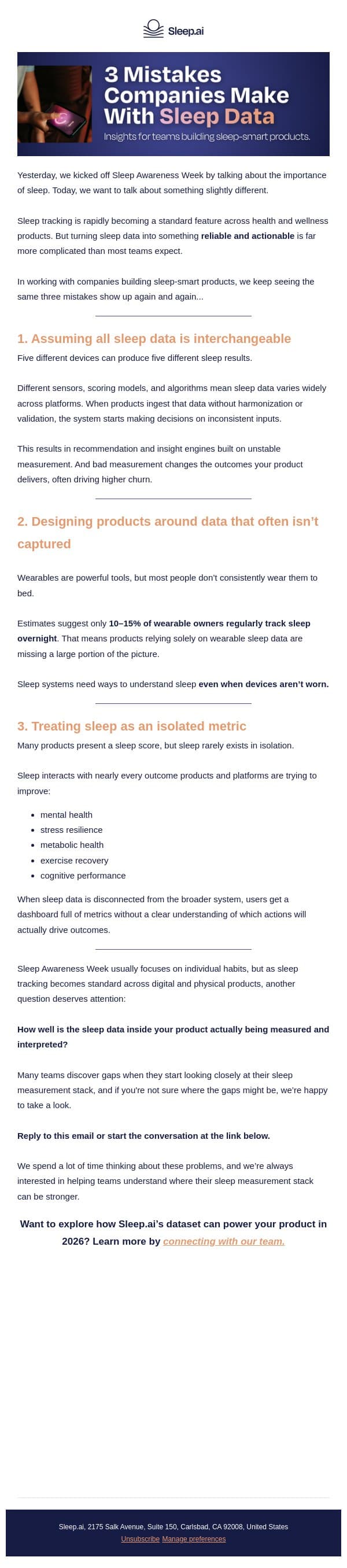 3 mistakes companies make with sleep data email from SleepScore screenshot