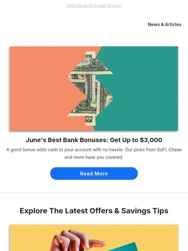 Earn up to $3,000 With June's Best Bank Bonuses email from Slickdeals
