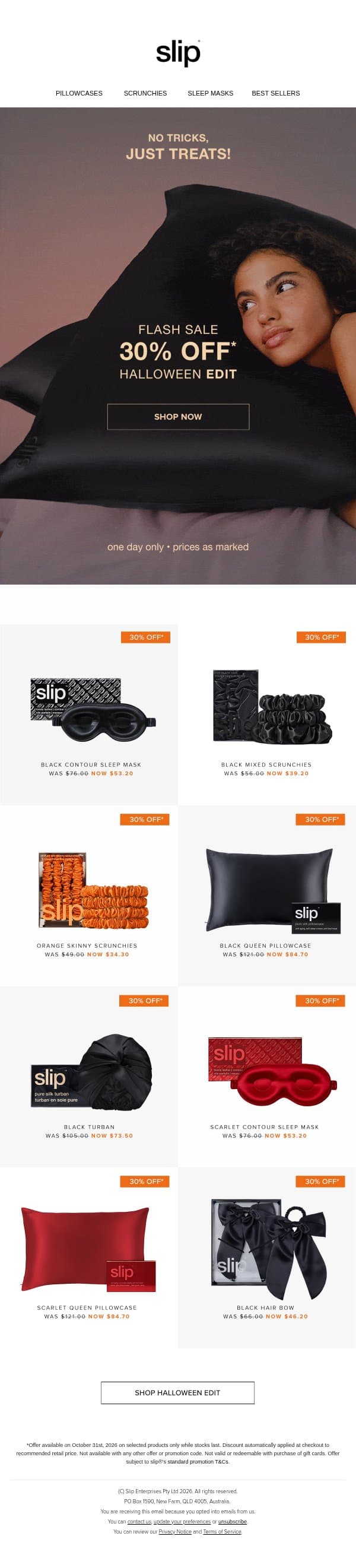 Halloween Sale | ONE DAY ONLY email from Slip screenshot