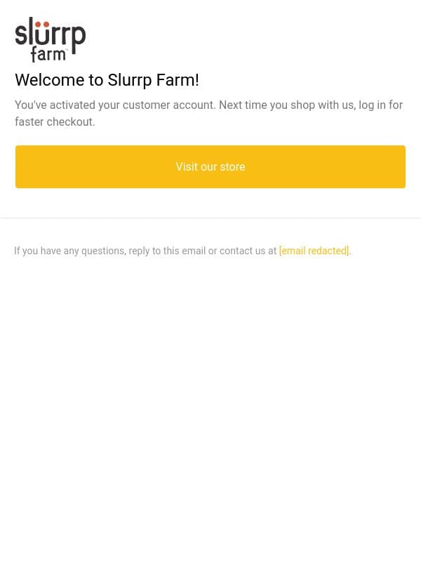 Customer account confirmation email from Slurrpfarm