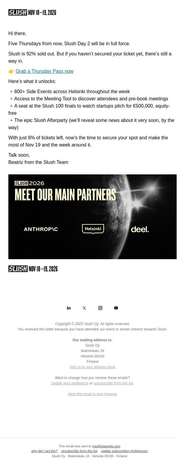 There’s Still a Chance to Join Slush Week email from Slush screenshot