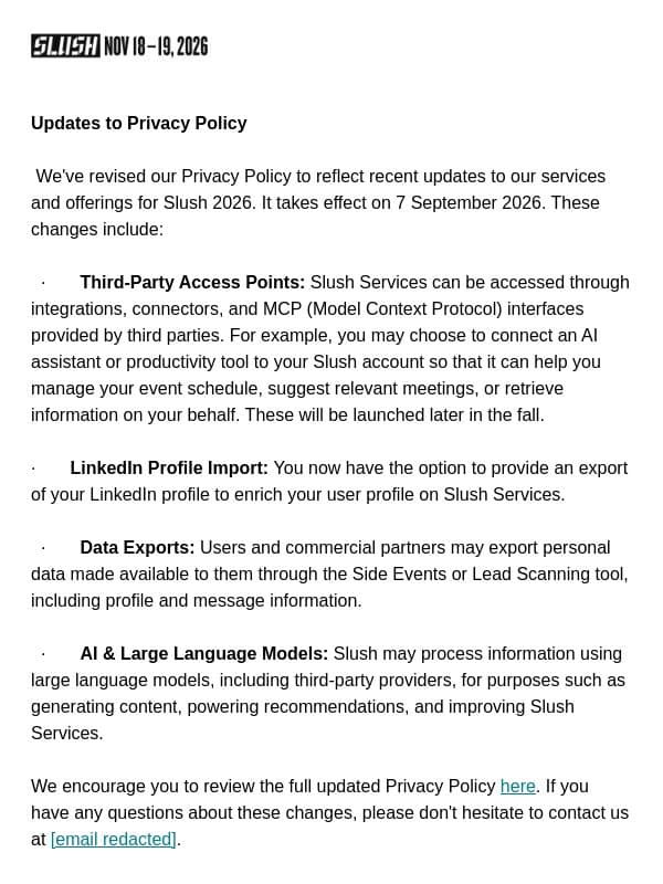 Updates to Privacy Policy email from Slush