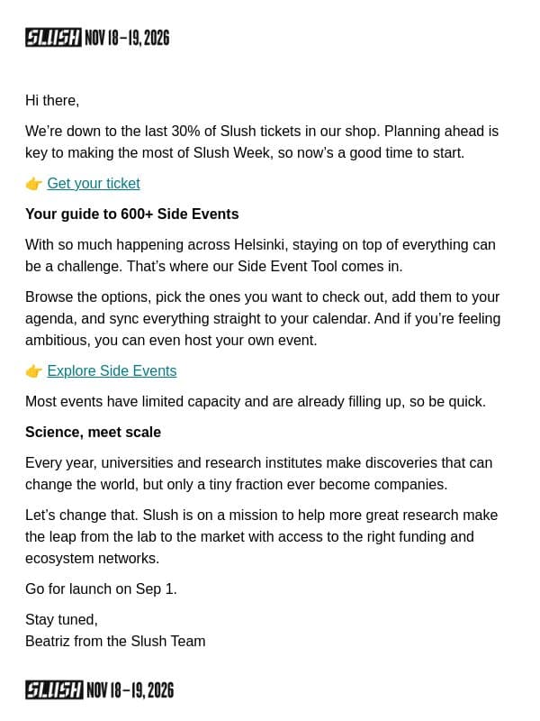 Explore 600+ Side Events Now email from Slush