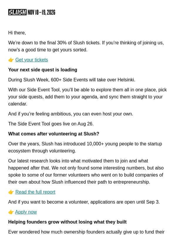 600+ Side Events Are Coming email from Slush