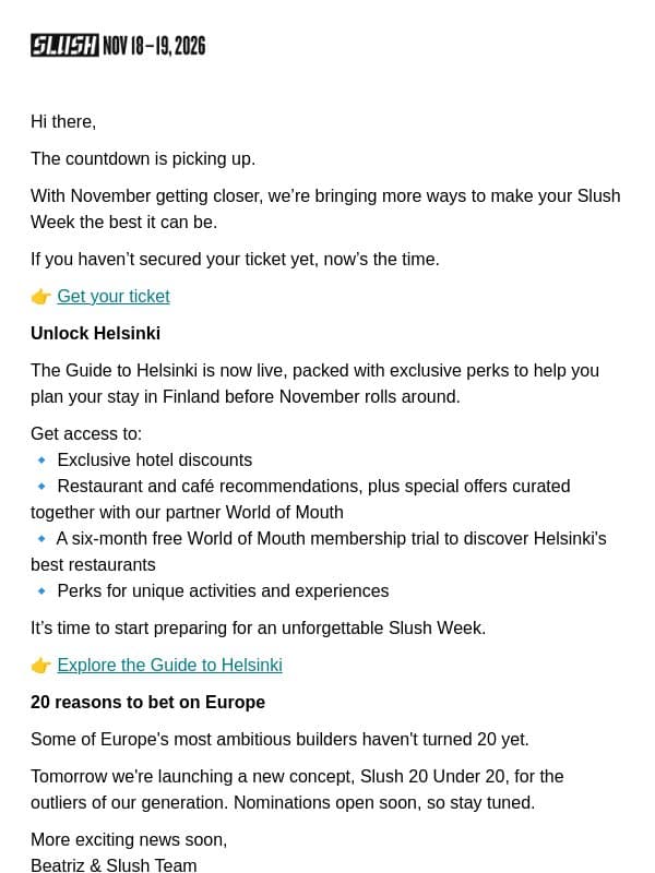 Getting Ready for Helsinki? email from Slush