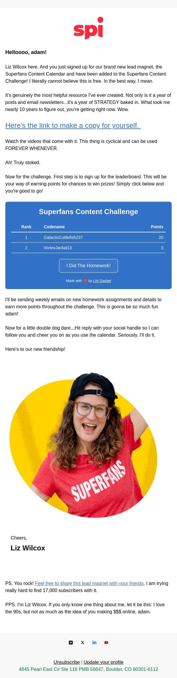 Here's the content calendar and challenge you signed up for email from Smart Passive Income screenshot