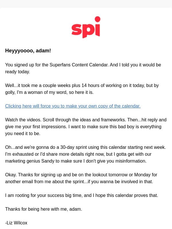 content calendar is here!! email from Smart Passive Income