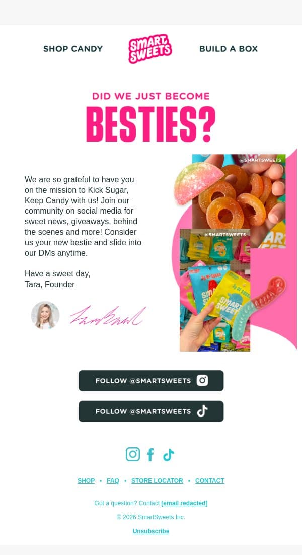 Did we just become BFFS?😍 email from SmartSweets screenshot