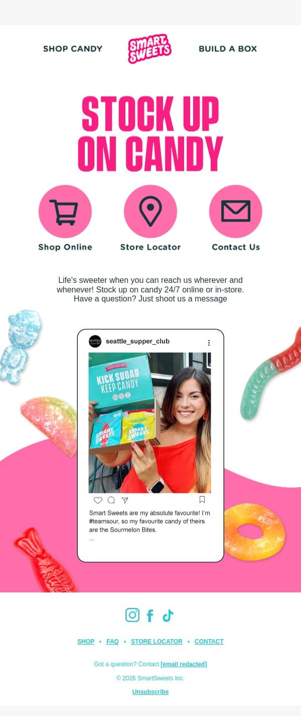 Where to find us🍬 email from SmartSweets screenshot