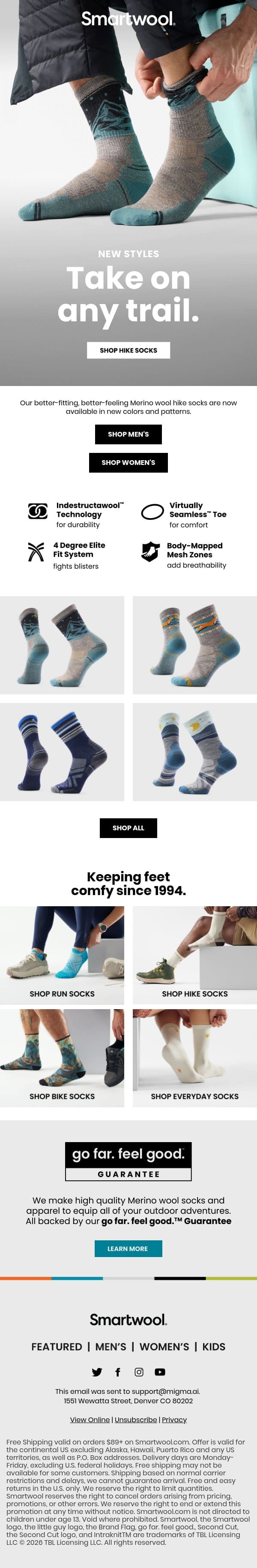 Just dropped: New hike socks email from Smartwool screenshot