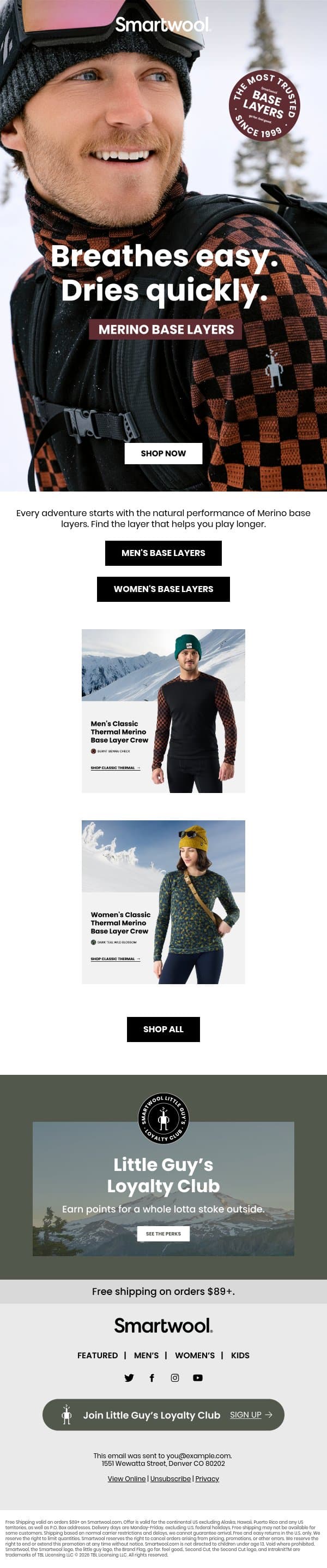Worn under everything. Merino Base Layers. email from Smartwool screenshot