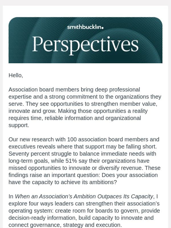 Perspectives: Your Association Has Ambitious Goals. Does It Have the Capacity to Achieve Them? email from Smithbucklin