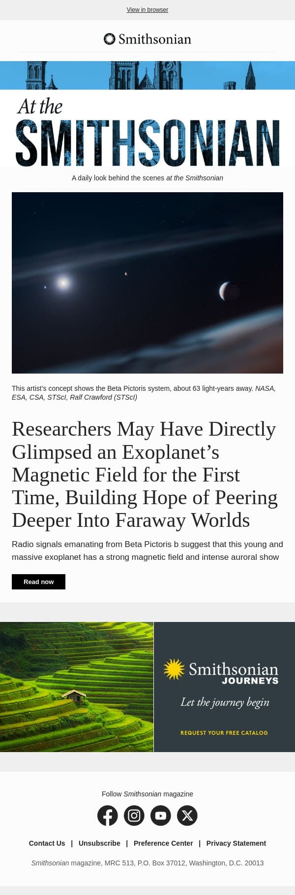 Today at the Smithsonian: Researchers May Have Directly Glimpsed an Exoplanet’s Magnetic Field for the First Time email from Smithsonian Magazine screenshot