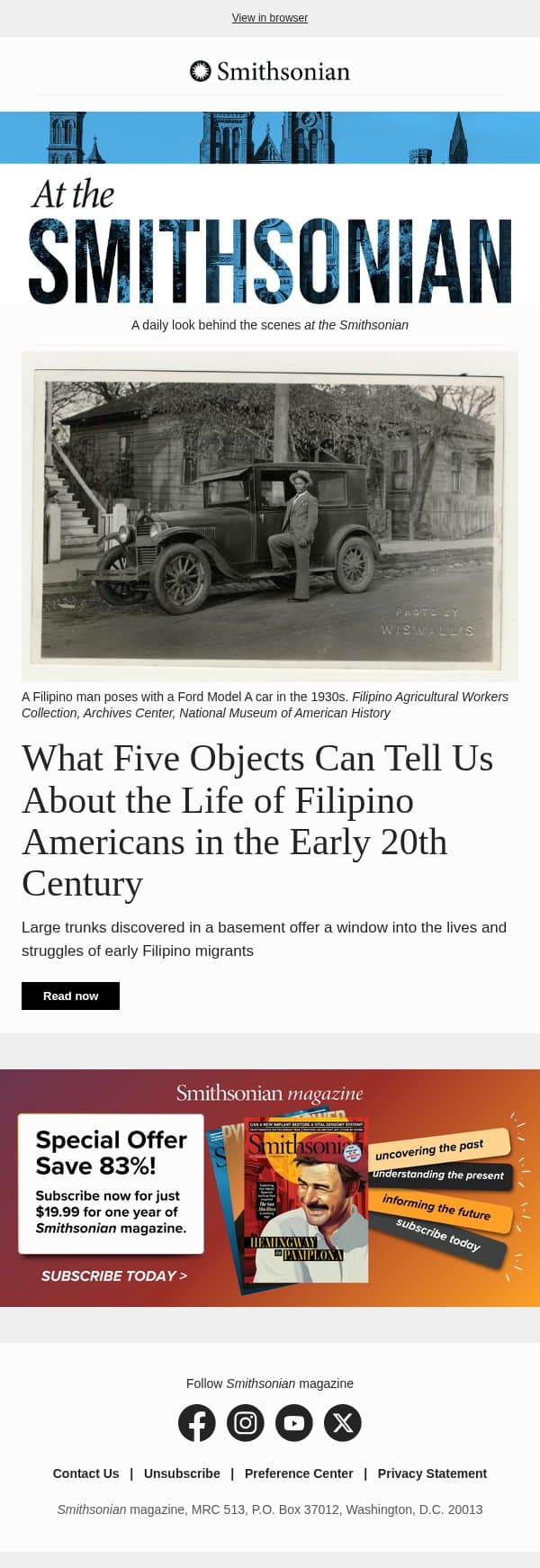 Today at the Smithsonian: What Five Objects Can Tell Us About the Life of Filipino Americans in the Early 20th Century email from Smithsonian Magazine screenshot
