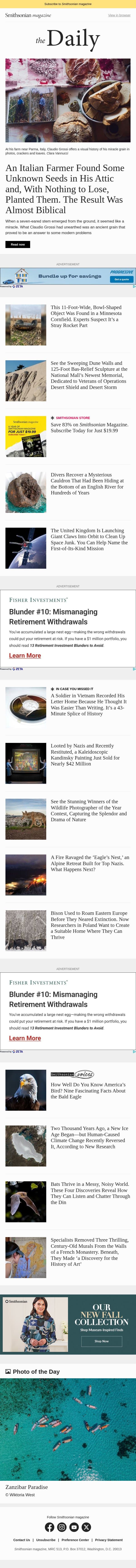 An Italian Farmer Discovered the Unknown Seeds of an Ancient Miracle Grain, Divers Recover This Mysterious Cauldron Hiding at the Bottom of an English River and More email from Smithsonian Magazine screenshot