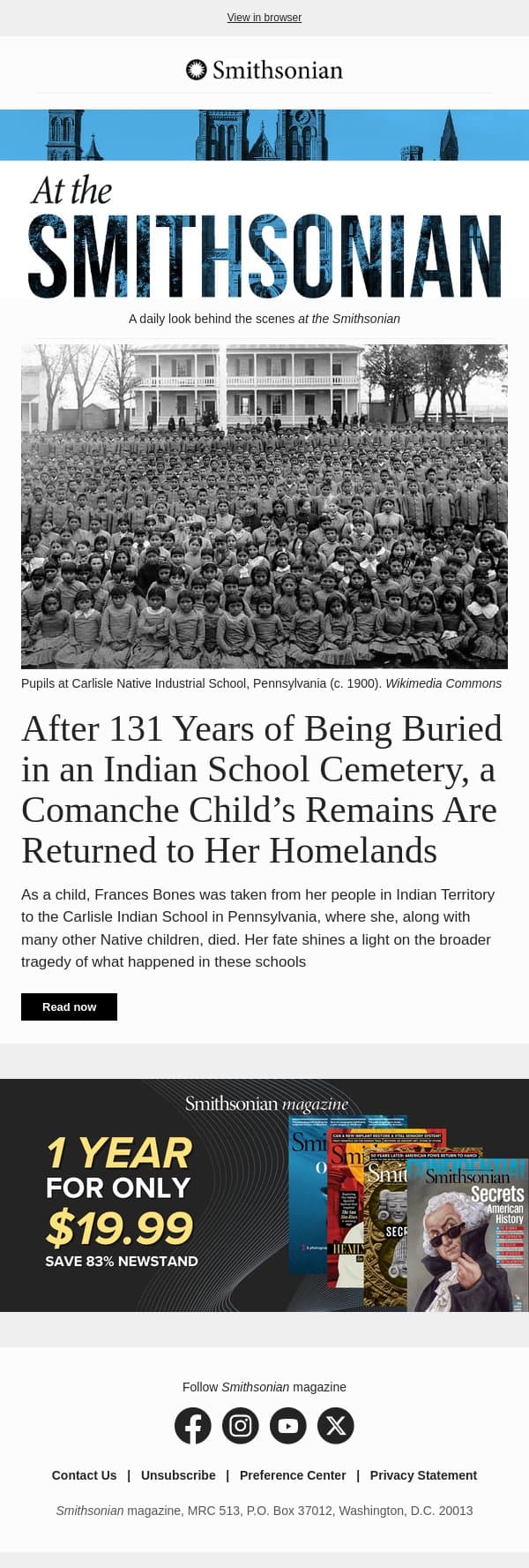 Today at the Smithsonian: After 131 Years of Being Buried in an Indian School Cemetery, a Comanche Child’s Remains Are Returned to Her Homelands email from Smithsonian Magazine screenshot