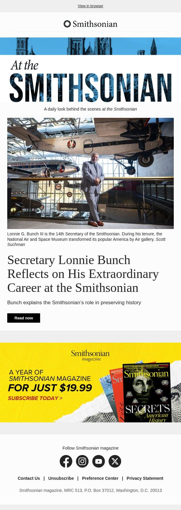 Today at the Smithsonian: Secretary Lonnie Bunch Reflects on His Extraordinary Career at the Smithsonian email from Smithsonian Magazine screenshot