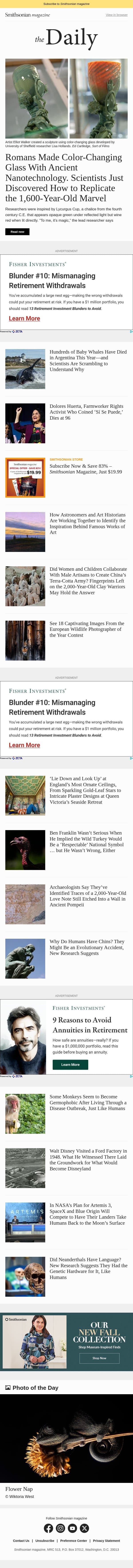 Scientists Discover That Romans Made Color-Changing Glass With Ancient Nanotechnology, Researchers Are Scrambling to Understand Why Hundreds of Baby Whales Have Died and More email from Smithsonian Magazine screenshot