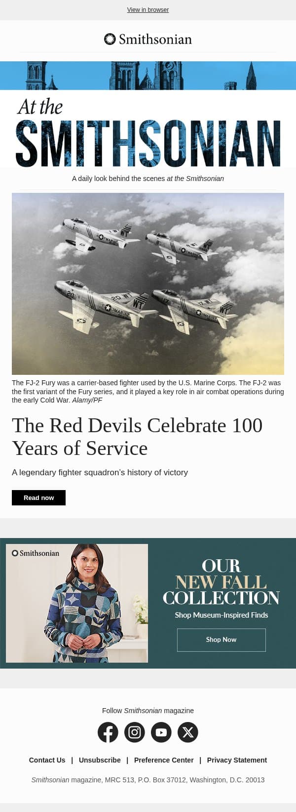 Today at the Smithsonian: The Red Devils Celebrate 100 Years of Service email from Smithsonian Magazine screenshot