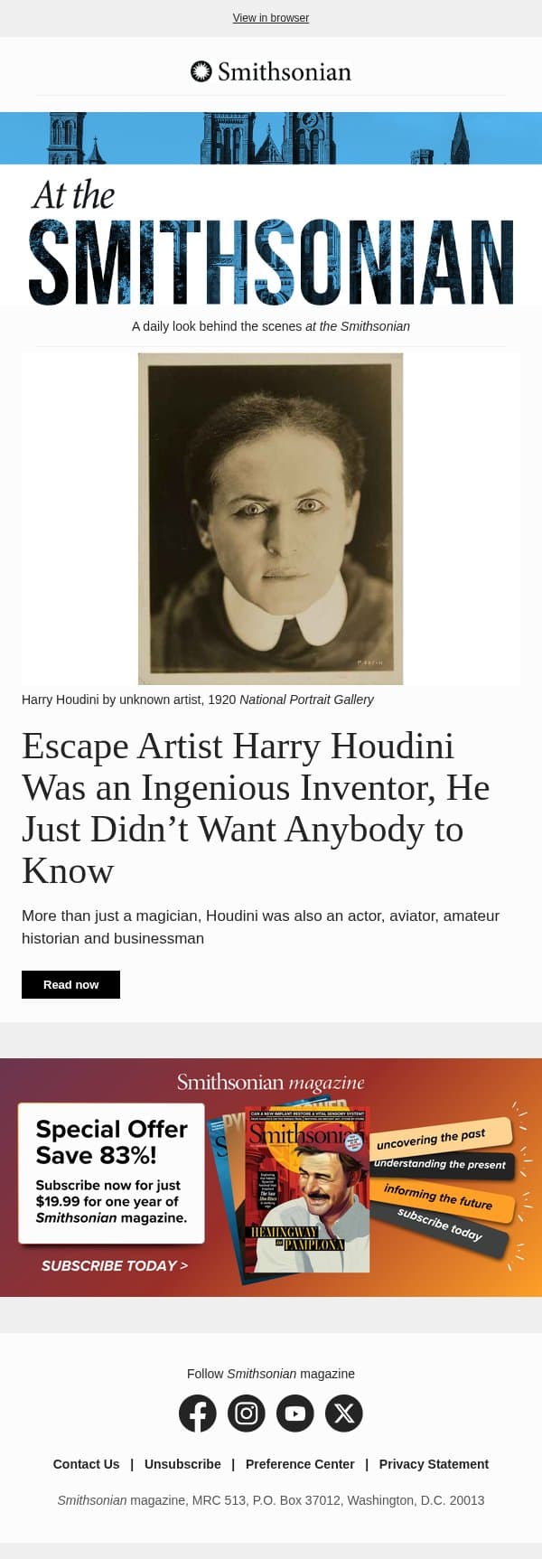 Today at the Smithsonian: Escape Artist Harry Houdini Was an Ingenious Inventor, He Just Didn’t Want Anybody to Know email from Smithsonian Magazine screenshot