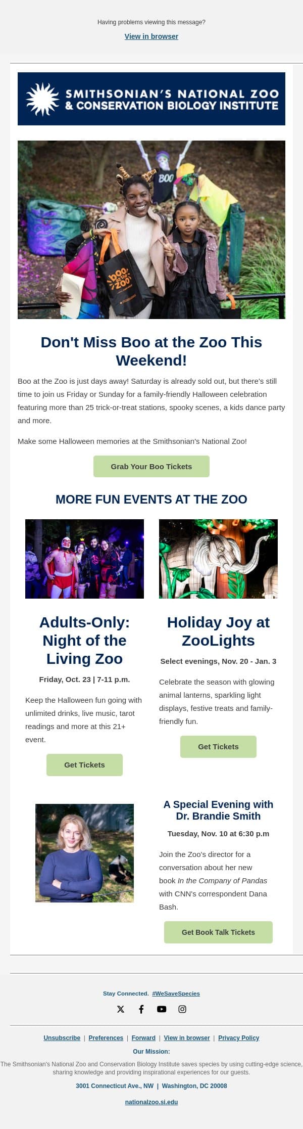 Last Chance for Boo at the Zoo This Weekend! email from Smithsonian National Zoological Park screenshot