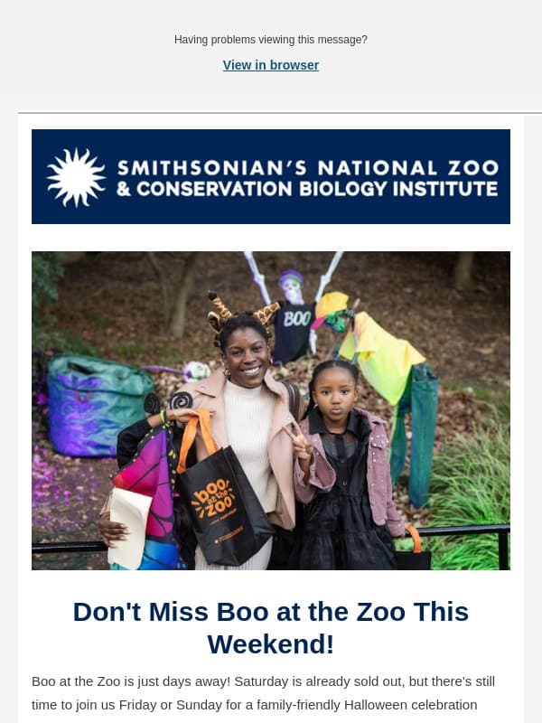Last Chance for Boo at the Zoo This Weekend! email from Smithsonian National Zoological Park
