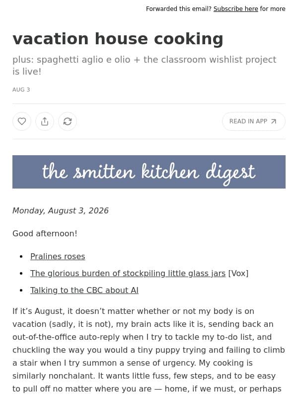 vacation house cooking email from Smitten Kitchen