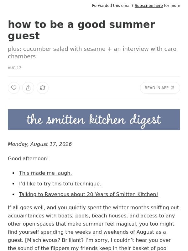 how to be a good summer guest email from Smitten Kitchen