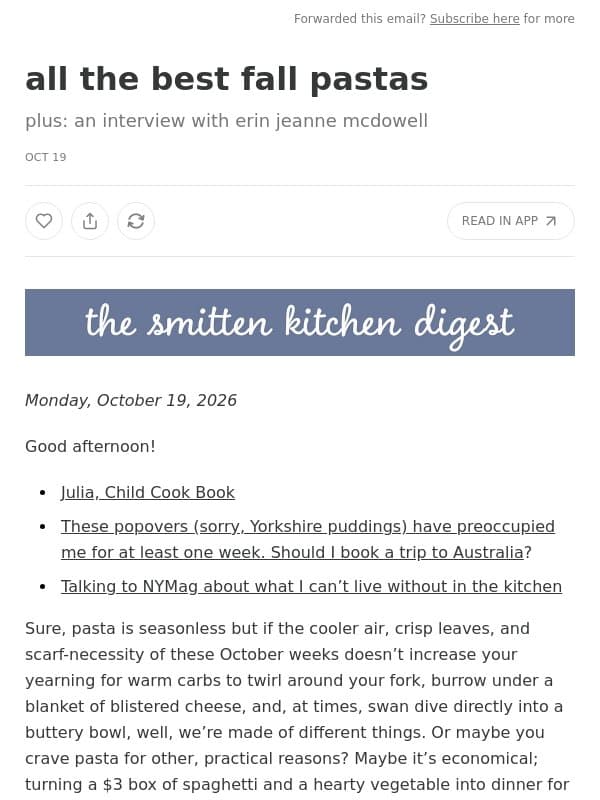 all the best fall pastas email from Smitten Kitchen