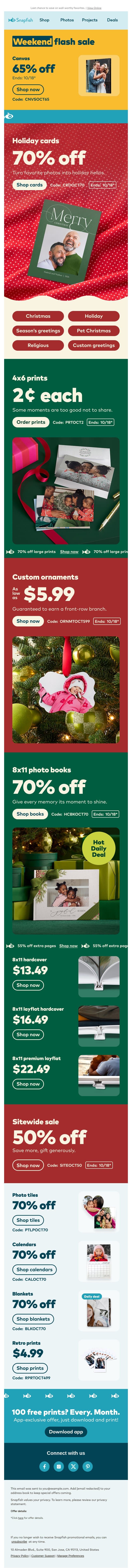 🚨 65% off canvas flash sale ends today! email from Snapfish screenshot
