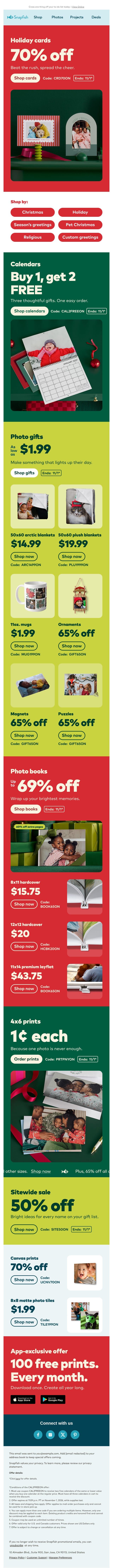 ✨ Here's 70% off cards for your holiday head start! email from Snapfish screenshot